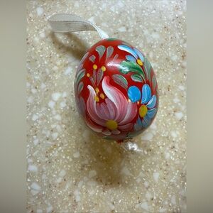 Vintage Hand-Painted Floral Oval Egg Ornament Hanging Red Wooden Egg Shaped